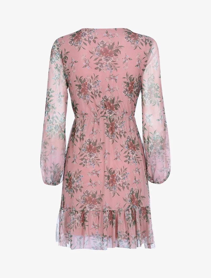Robe en voile imprimé taille élastiquée - Rose