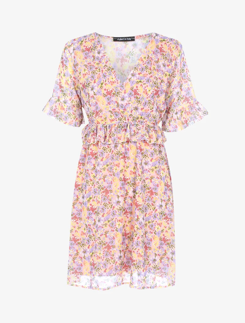 Robe fleurie à taille volantée - Rose