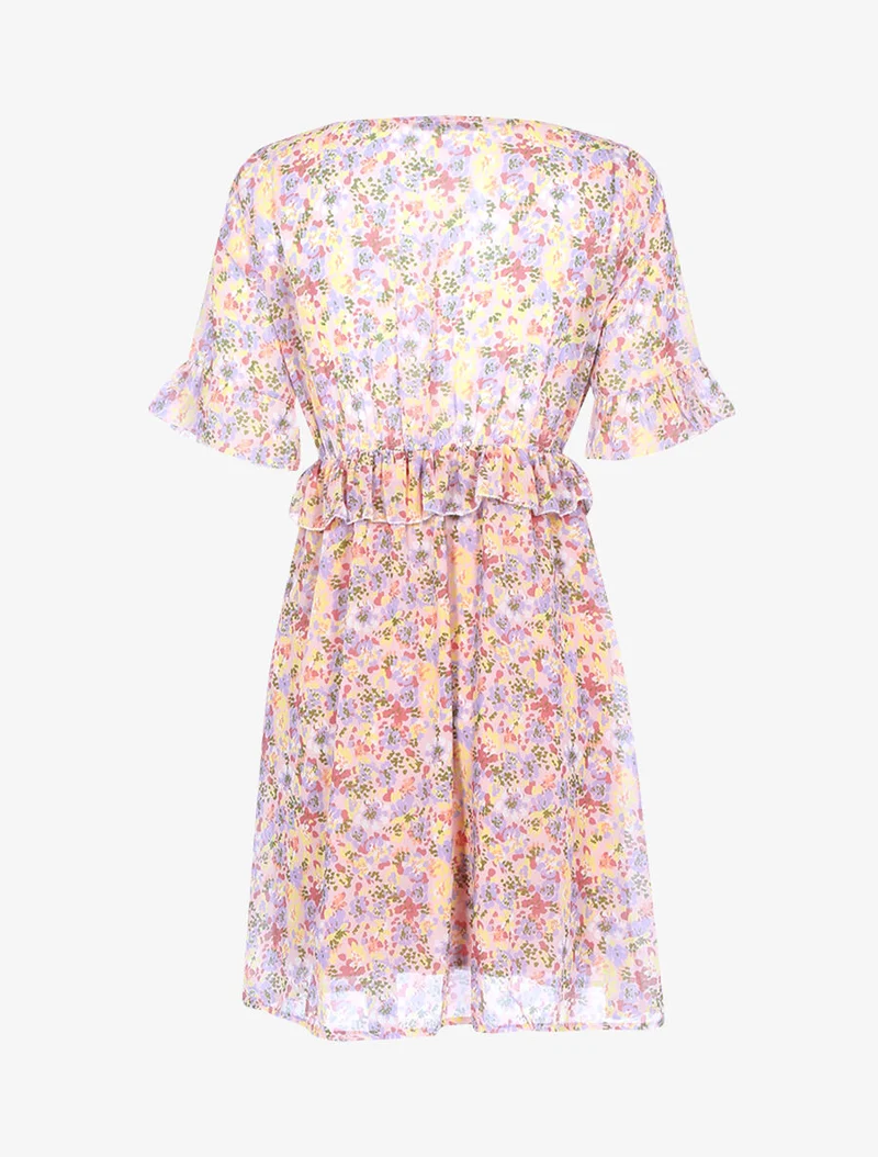 Robe fleurie à taille volantée - Rose