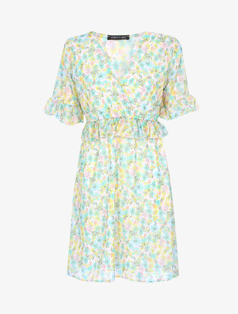 Robe fleurie à taille volantée - Écru