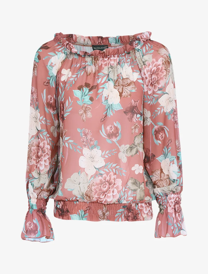 Blouse transparente bas de taille élastiquée - Rose foncé