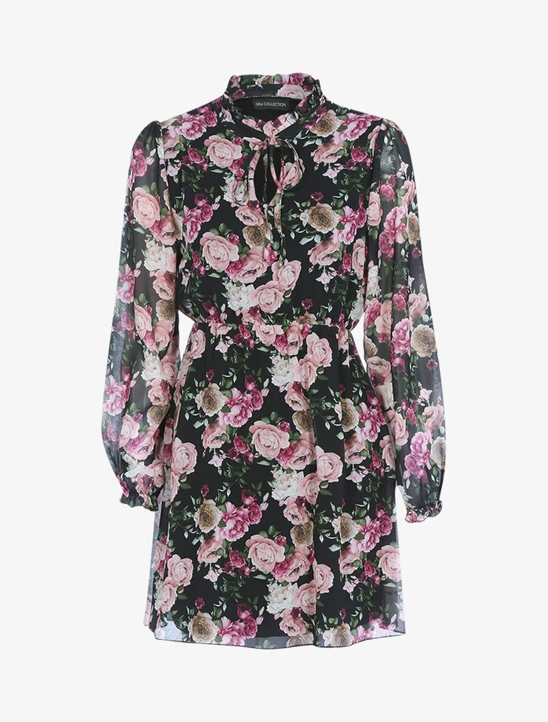 Robe imprimé à col montant volanté - Noir