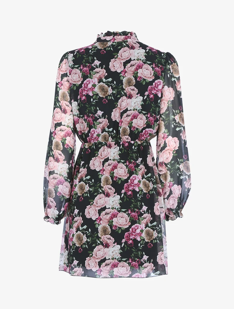 Robe imprimé à col montant volanté - Noir