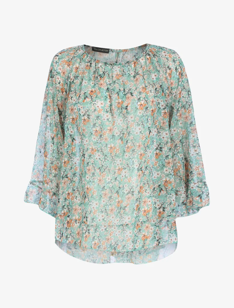 Blouse fluide transparente imprimé - Vert d'eau