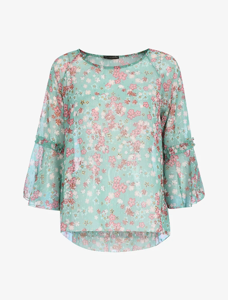 Blouse transparente en voile imprimé - Vert d'eau