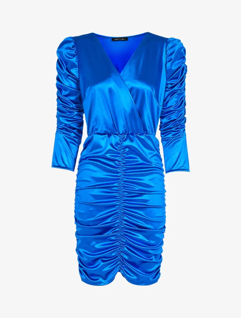 Robe froncée à manches longues - Bleu électrique