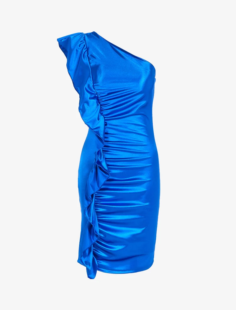 Robe épaule nue et côté volanté - Bleu électrique