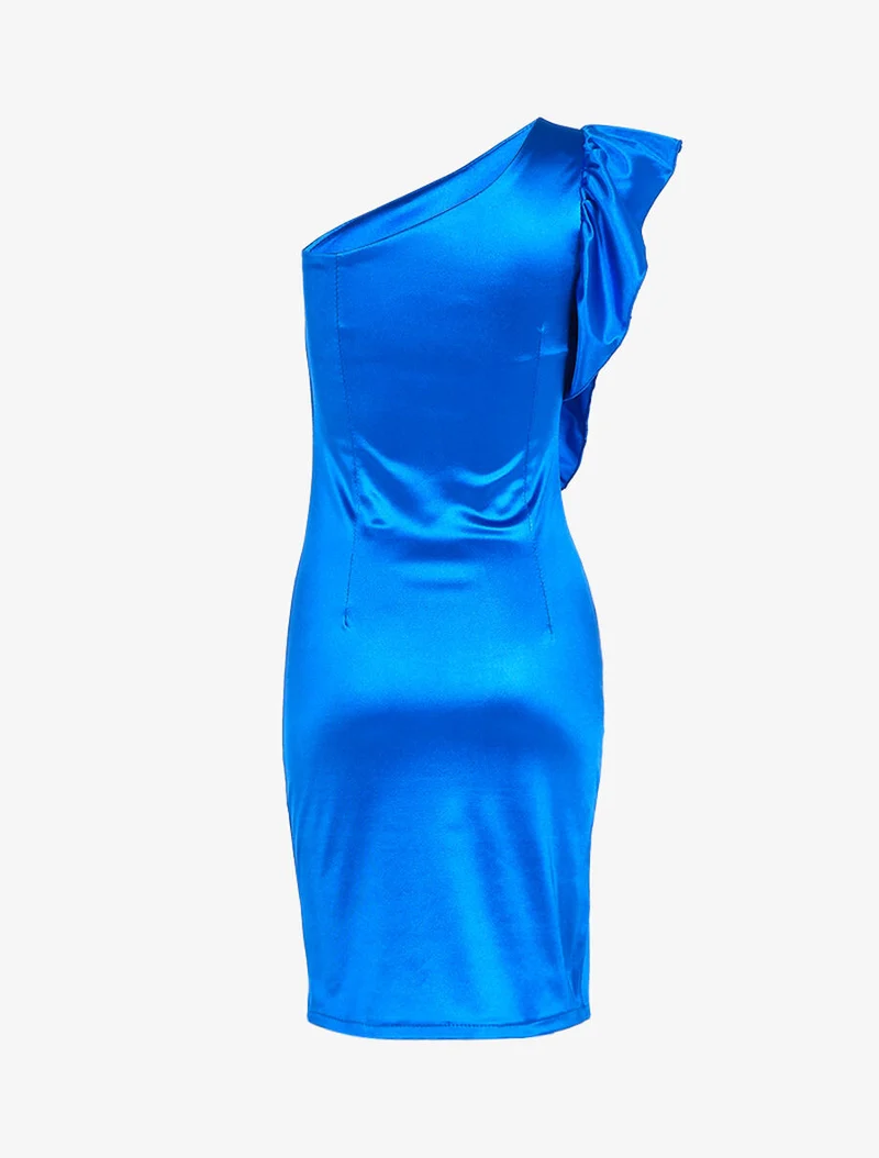 Robe épaule nue et côté volanté - Bleu électrique