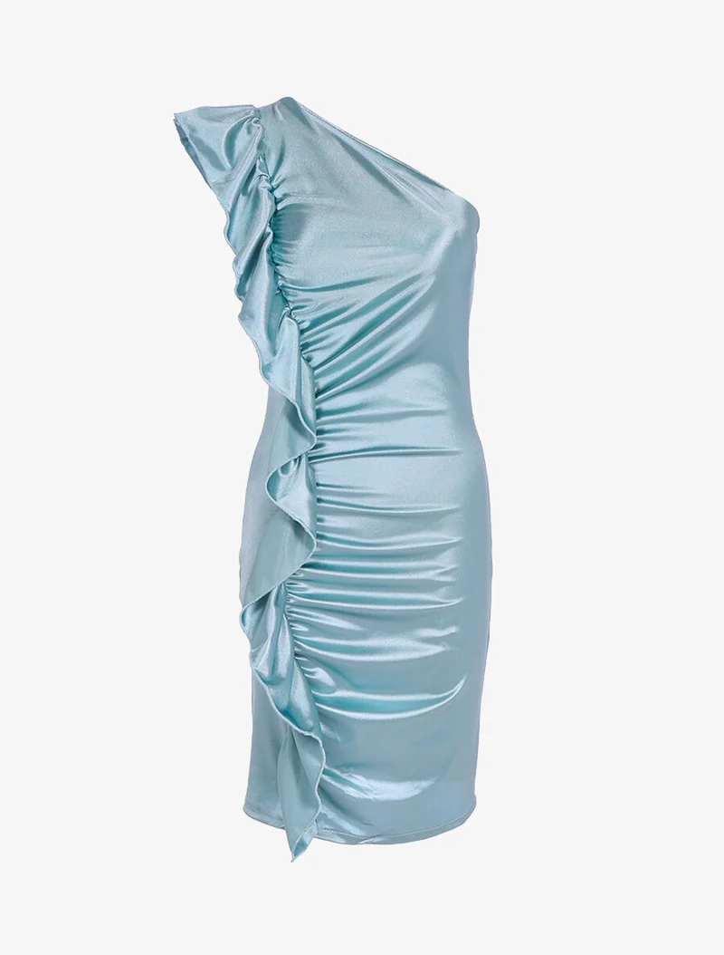 Robe épaule nue et côté volanté - Vert d'eau