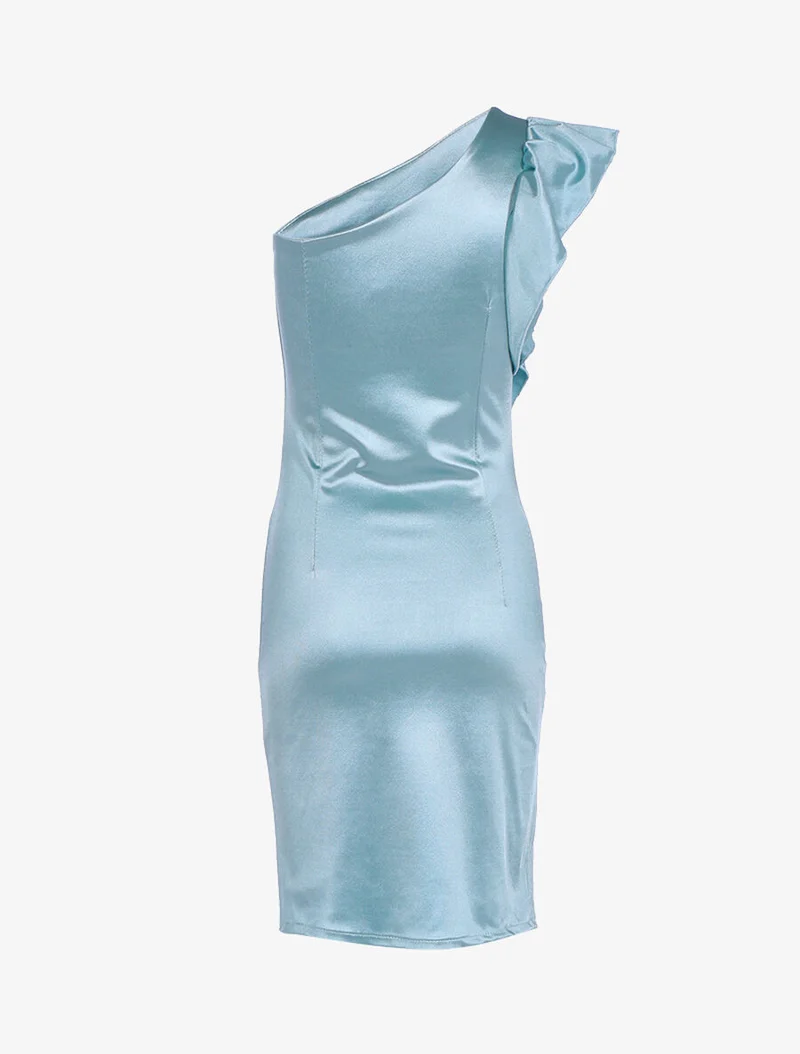 Robe épaule nue et côté volanté - Vert d'eau