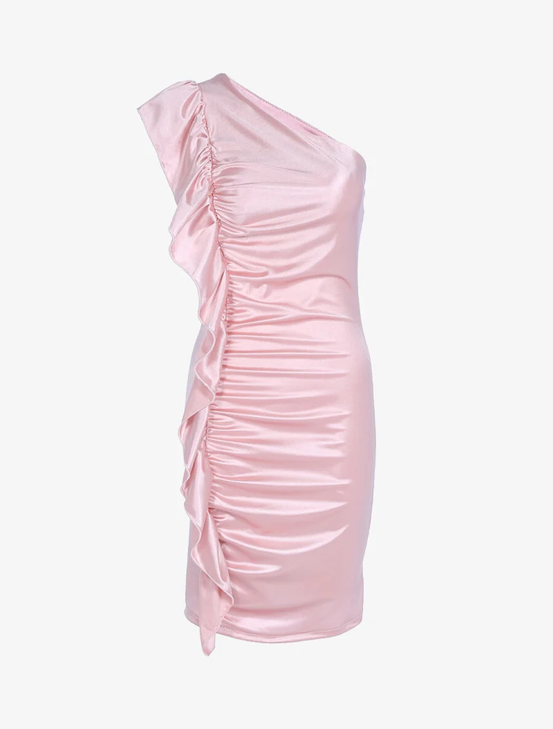 Robe épaule nue et côté volanté - Rose