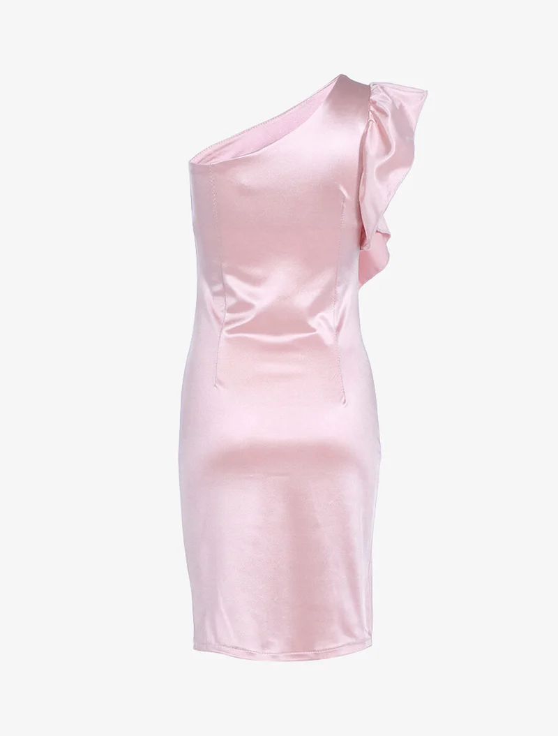 Robe épaule nue et côté volanté - Rose