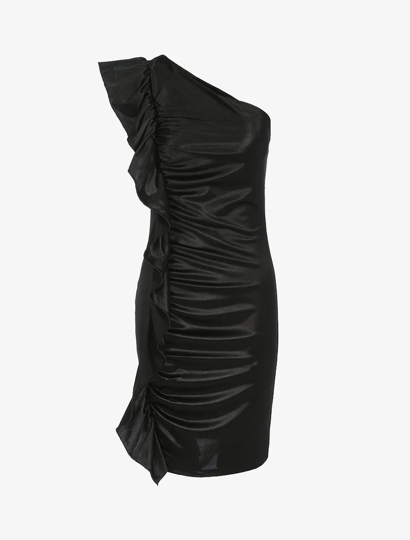 Robe épaule nue et côté volanté - Noir