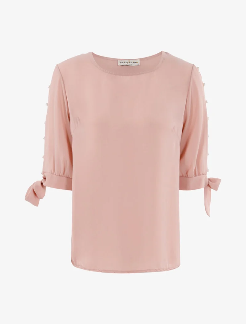 Top transparent à manches perlées - Rose