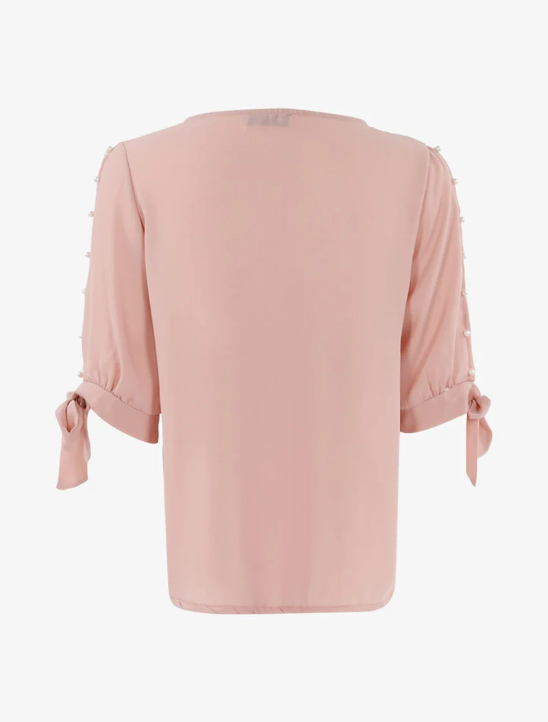 Top transparent à manches perlées - Rose