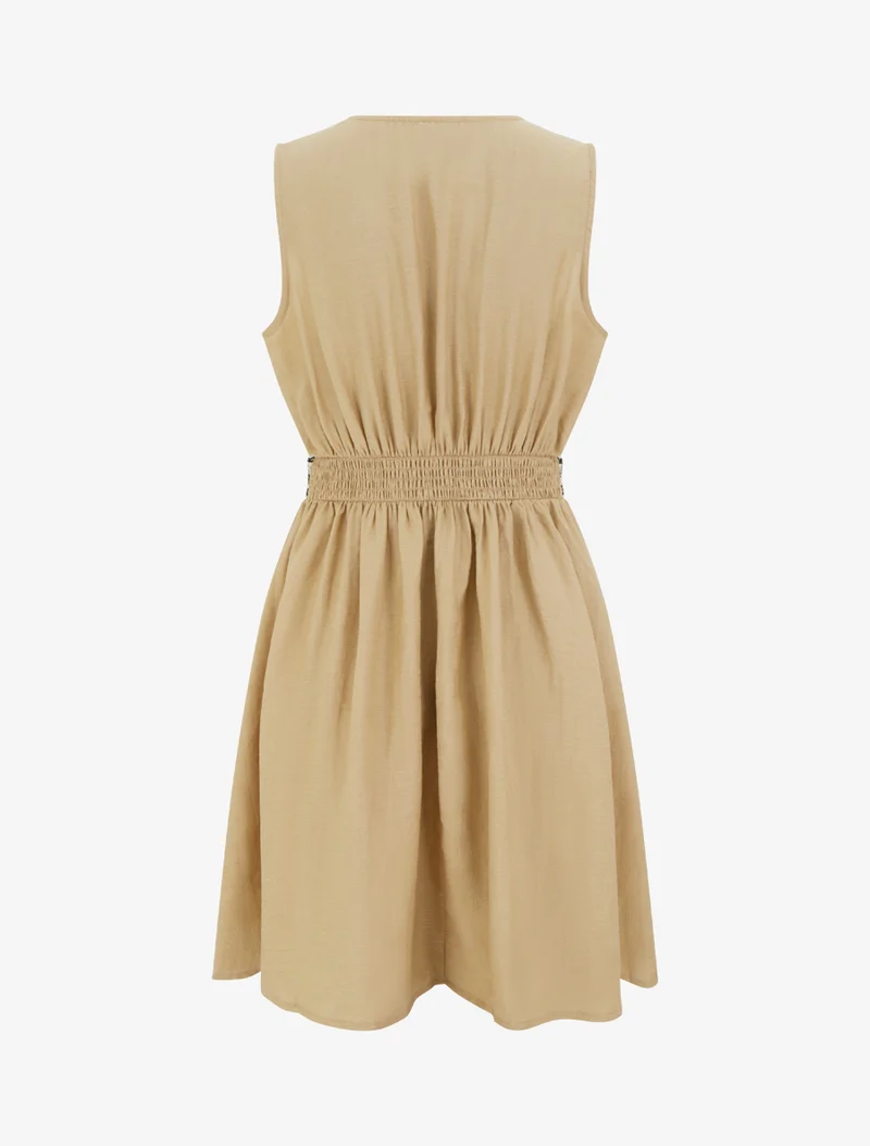 Robe mi-longue en lin à buste brodé - Taupe