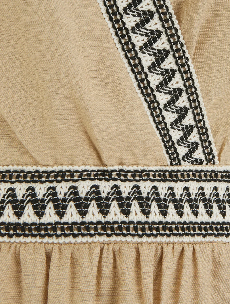 Robe mi-longue en lin à buste brodé - Taupe