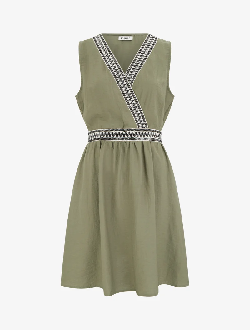 Robe mi-longue en lin à buste brodé - Kaki