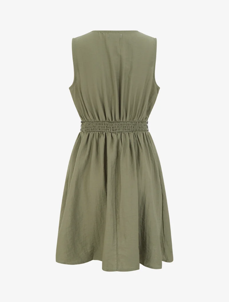Robe mi-longue en lin à buste brodé - Kaki