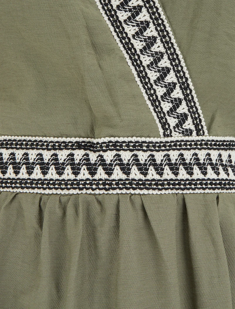 Robe mi-longue en lin à buste brodé - Kaki