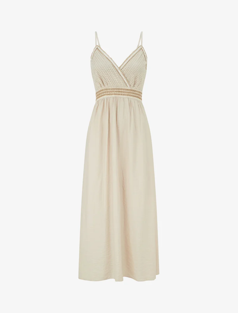 Robe longue uni à buste brodé - Beige