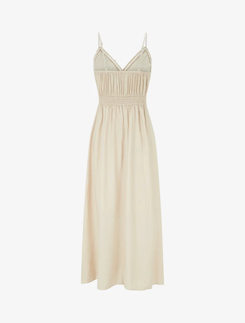 Robe longue uni à buste brodé - Beige
