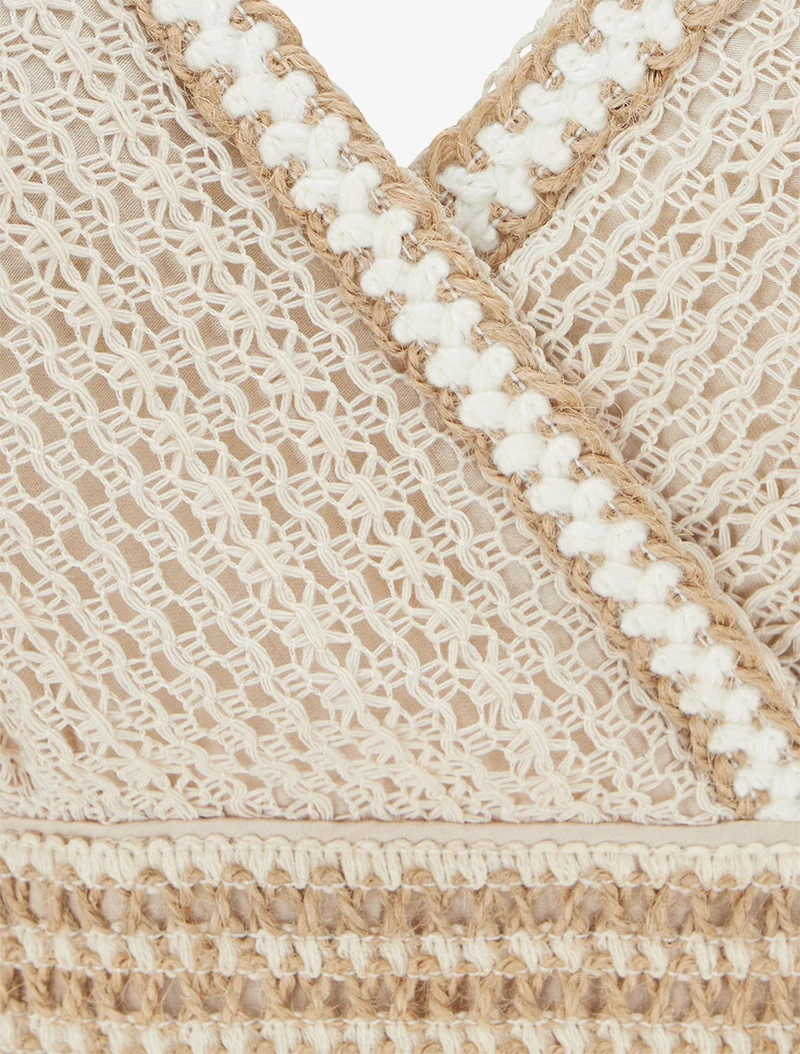 Robe longue uni à buste brodé - Beige