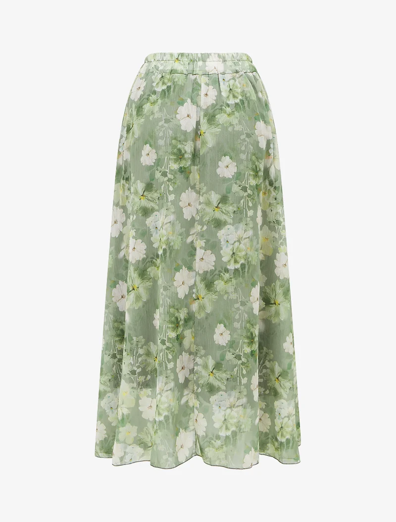 Jupe imprimé floral à taille élastiquée - Kaki