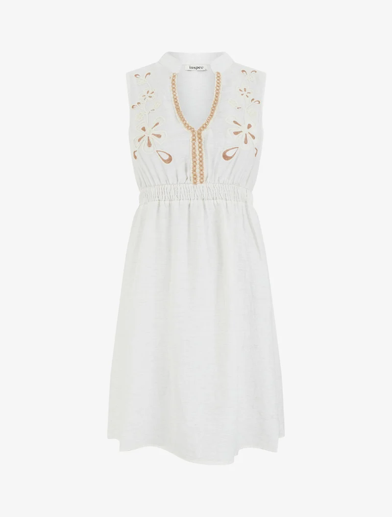 Robe mi-longue élastiquée à buste brodé - Écru