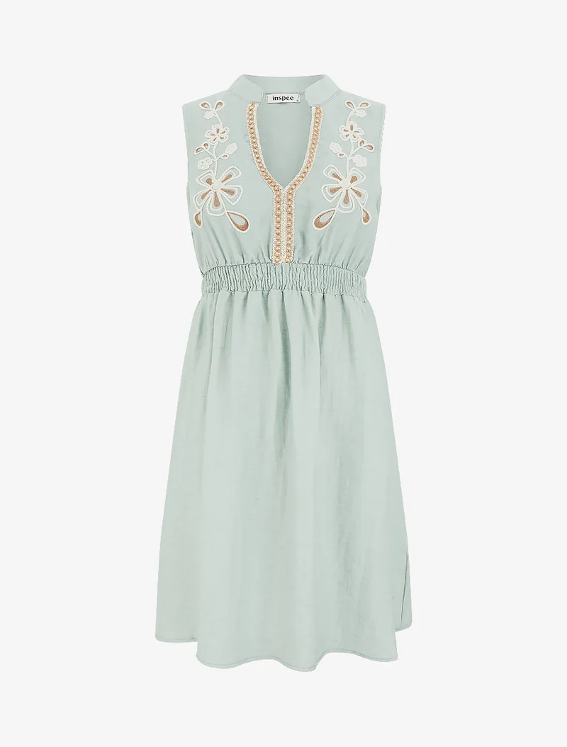 Robe mi-longue élastiquée à buste brodé - Vert pâle