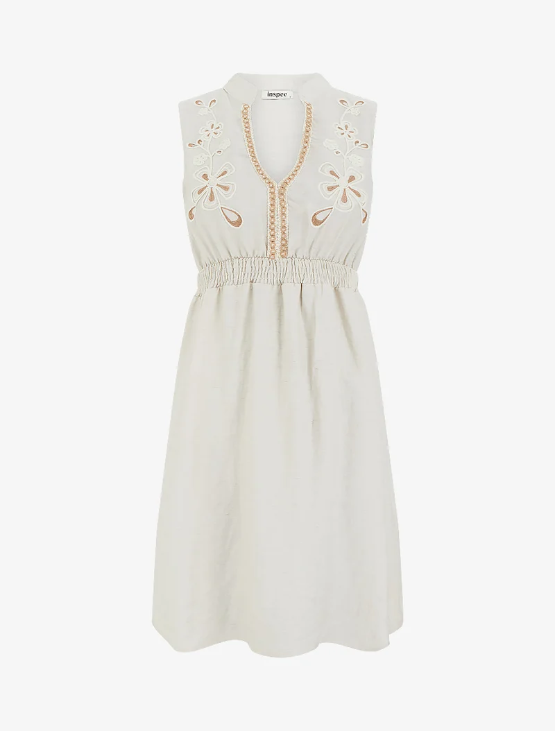 Robe mi-longue élastiquée à buste brodé - Beige