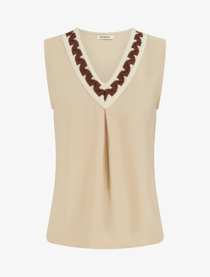 Top uni sans manches à col V stylisé - Beige