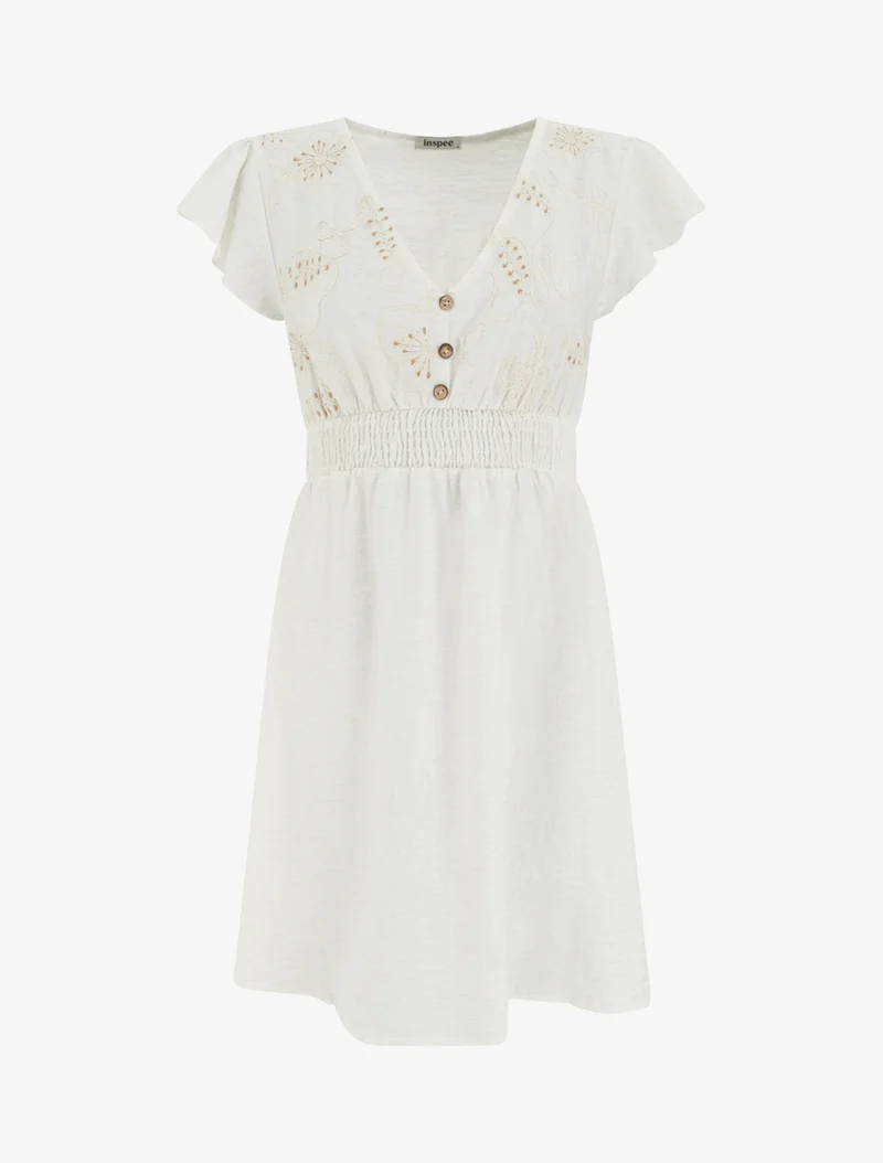 Robe mi-longue élastiquée à buste brodé - Blanc