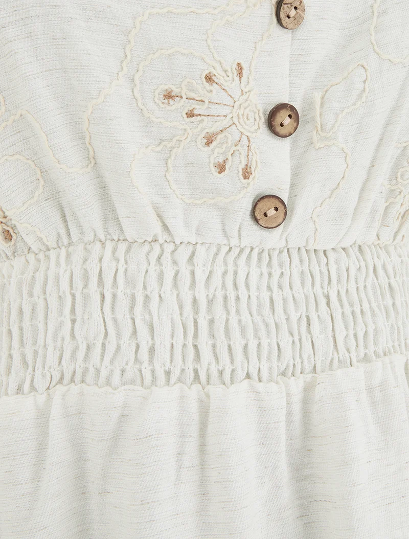 Robe mi-longue élastiquée à buste brodé - Blanc