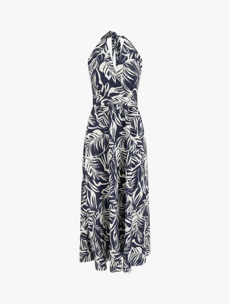 Robe longue dos nu imprimé feuillage - Marine