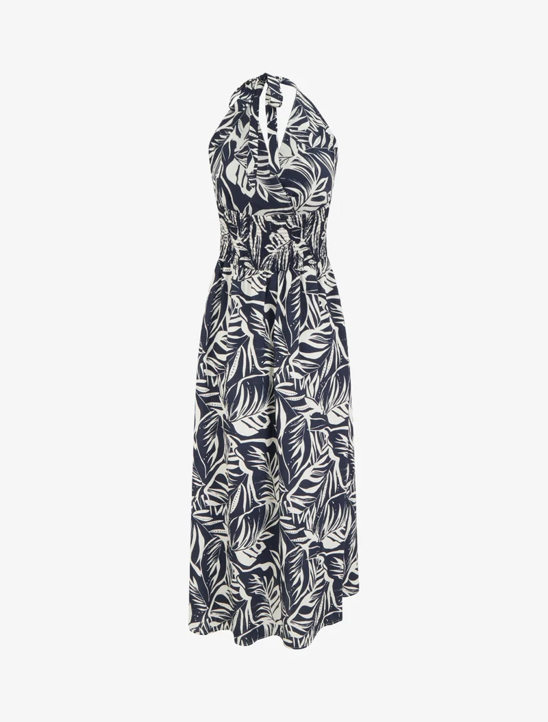 Robe longue dos nu imprimé feuillage - Marine