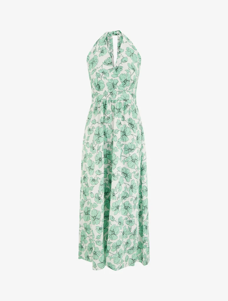 Robe longue dos nu imprimé floral - Vert menthe