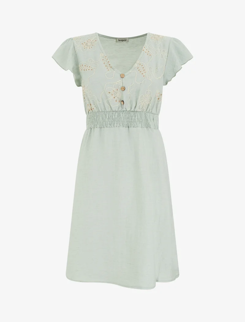 Robe mi-longue élastiquée à buste brodé - Vert d'eau