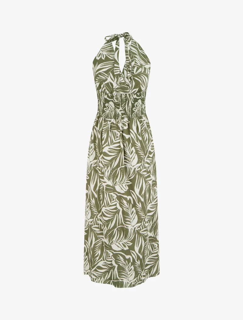 Robe longue dos nu imprimé feuillage - Kaki