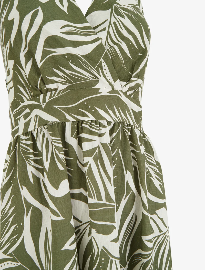 Robe longue dos nu imprimé feuillage - Kaki
