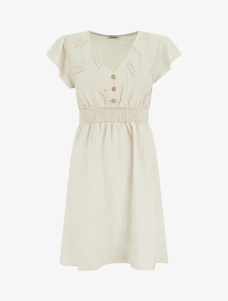 Robe mi-longue élastiquée à buste brodé - Beige