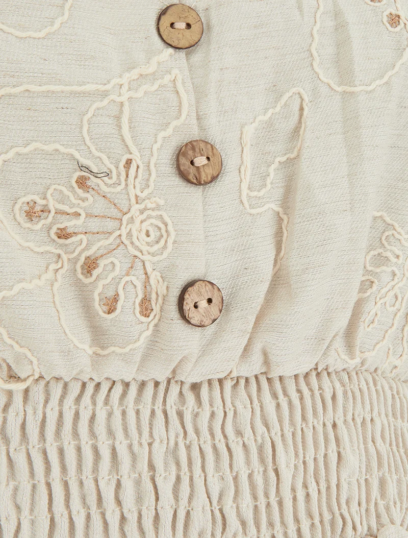 Robe mi-longue élastiquée à buste brodé - Beige