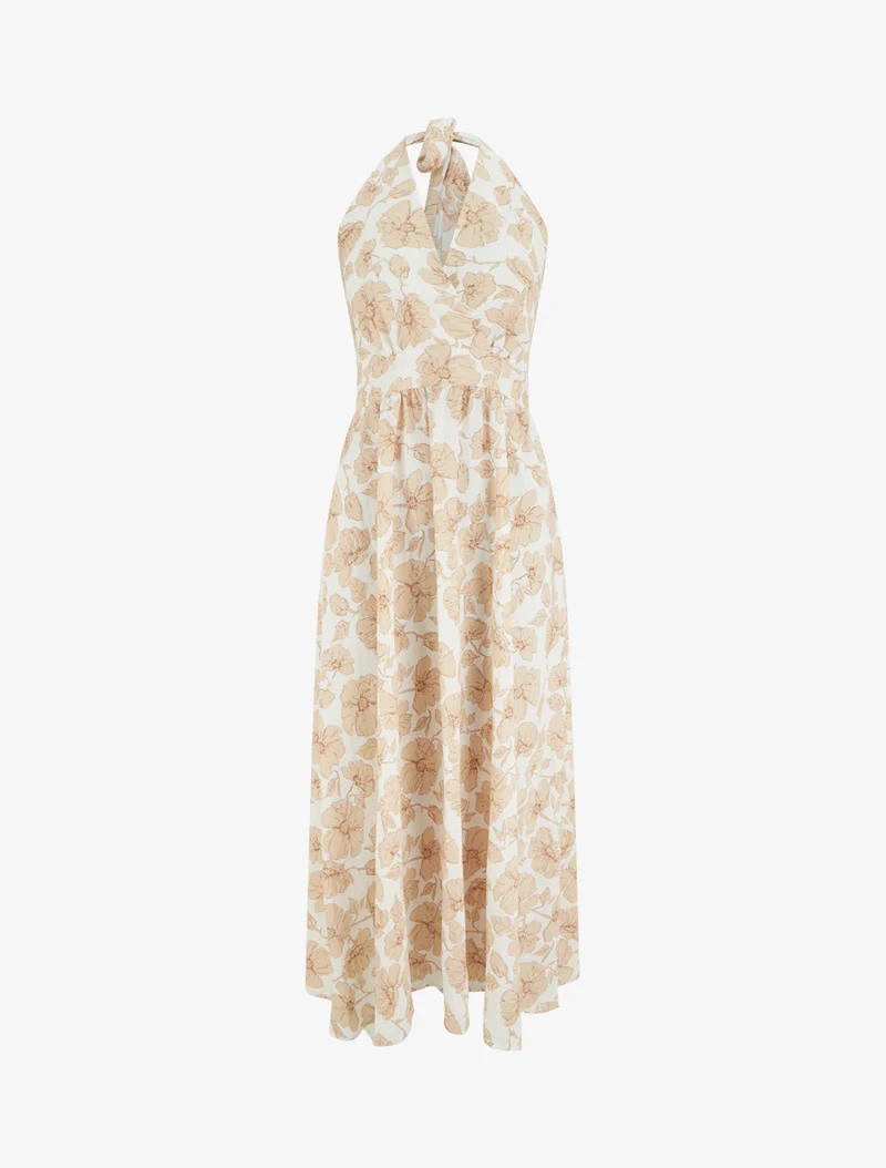 Robe longue dos nu imprimé floral - Beige