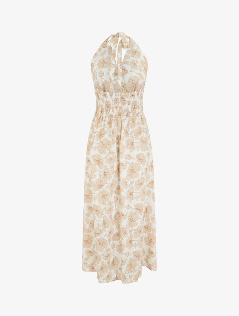 Robe longue dos nu imprimé floral - Beige