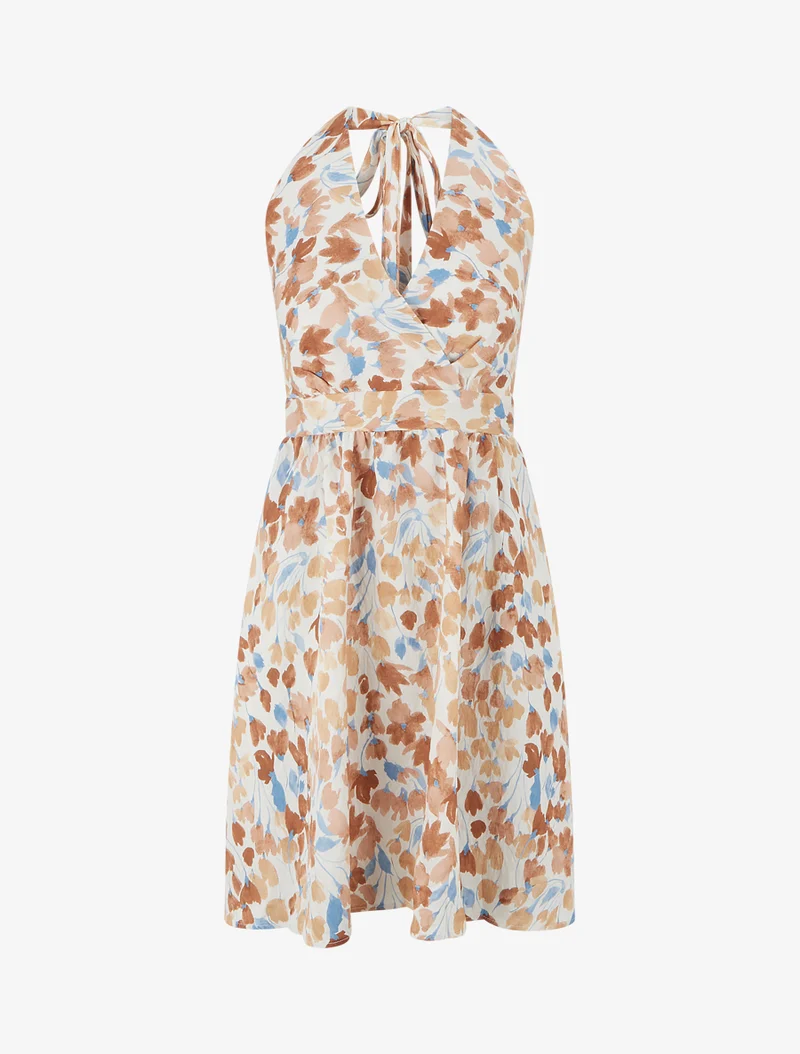 Robe mi-longue dos nu imprimé fleurs abstraites - Marron