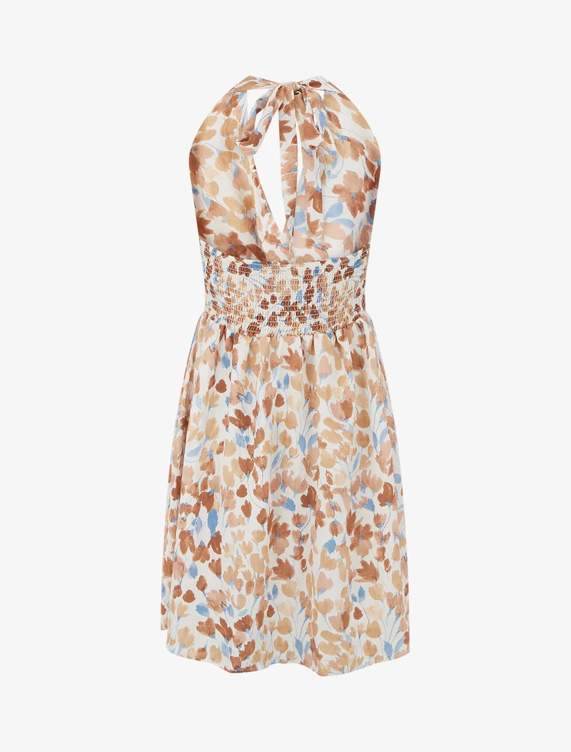 Robe mi-longue dos nu imprimé fleurs abstraites - Marron