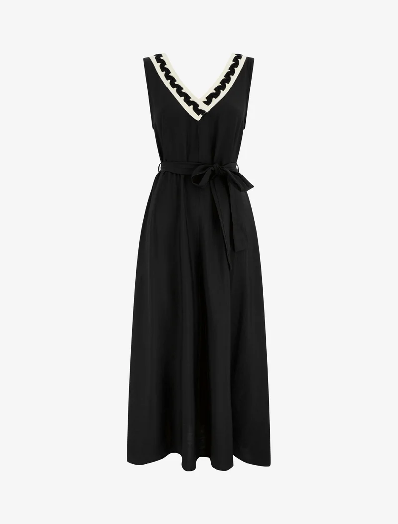 Robe longue sans manches à col V fantaisie - Noir