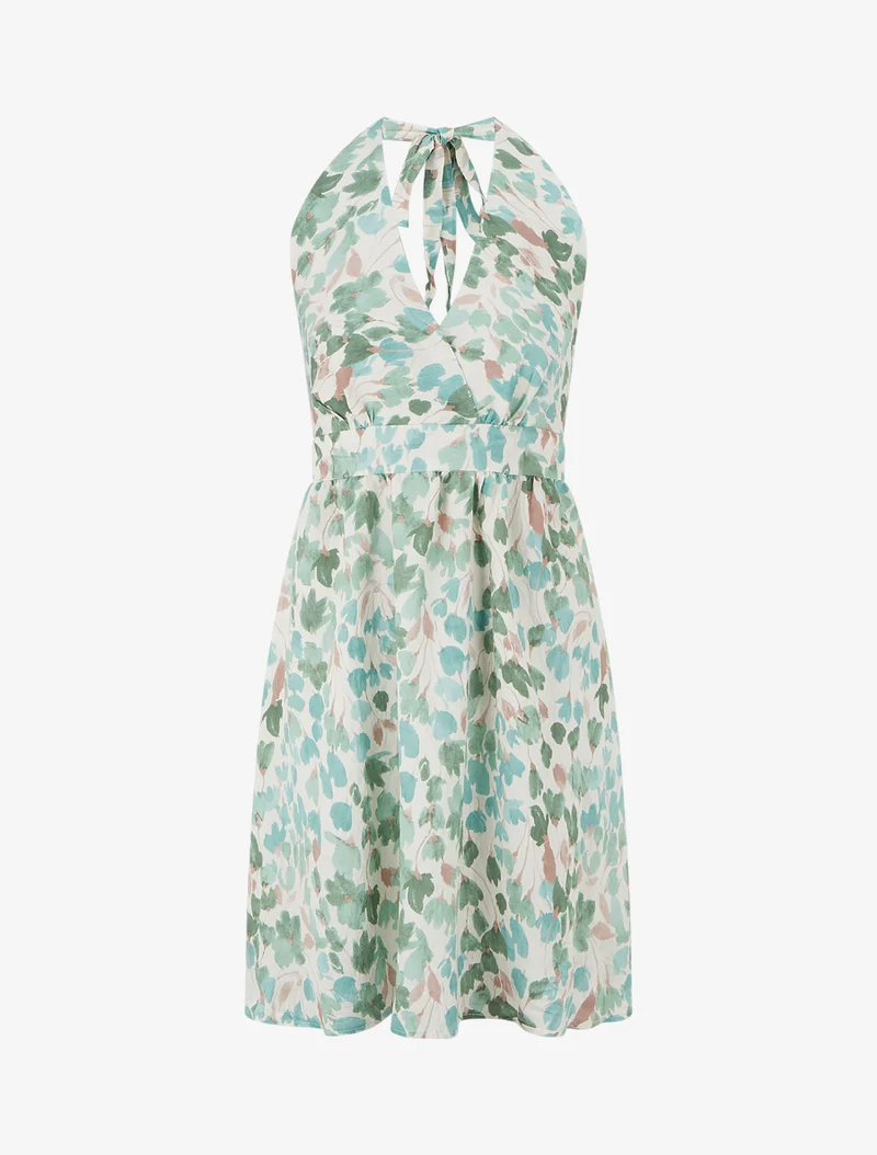 Robe mi-longue dos nu imprimé fleurs abstraites - Vert menthe