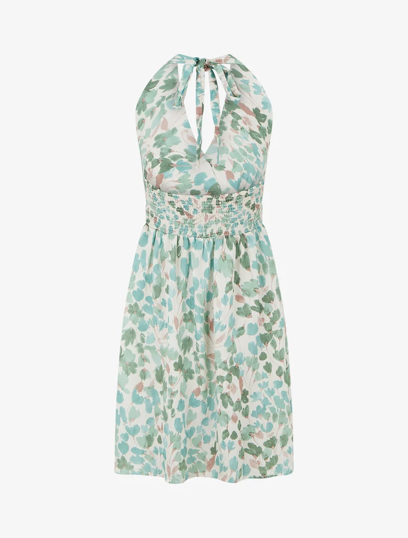 Robe mi-longue dos nu imprimé fleurs abstraites - Vert menthe