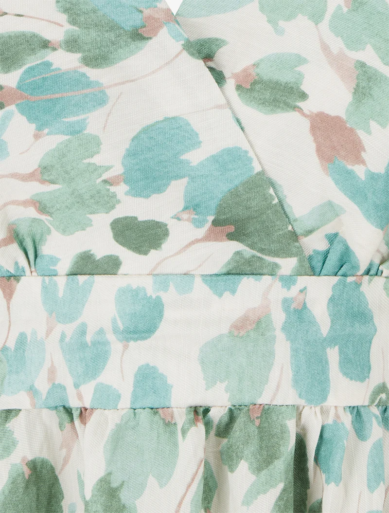Robe mi-longue dos nu imprimé fleurs abstraites - Vert menthe